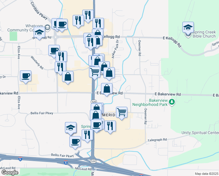 map of restaurants, bars, coffee shops, grocery stores, and more near 192 East Bakerview Road in Bellingham