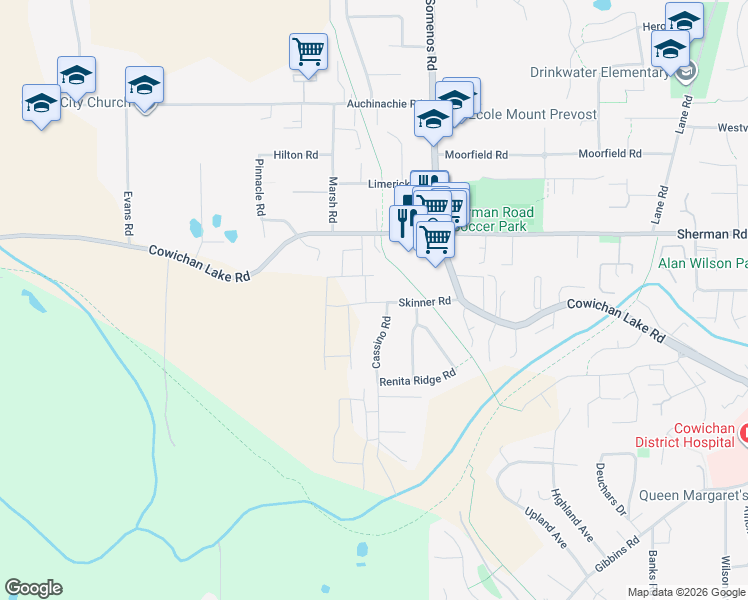map of restaurants, bars, coffee shops, grocery stores, and more near in Duncan