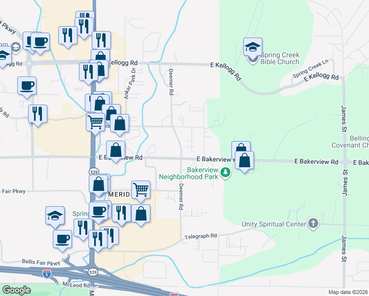 map of restaurants, bars, coffee shops, grocery stores, and more near 4108 Deemer Road in Bellingham