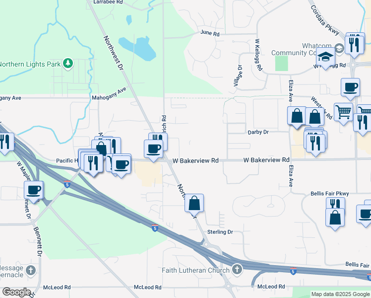 map of restaurants, bars, coffee shops, grocery stores, and more near 842 West Bakerview Road in Bellingham
