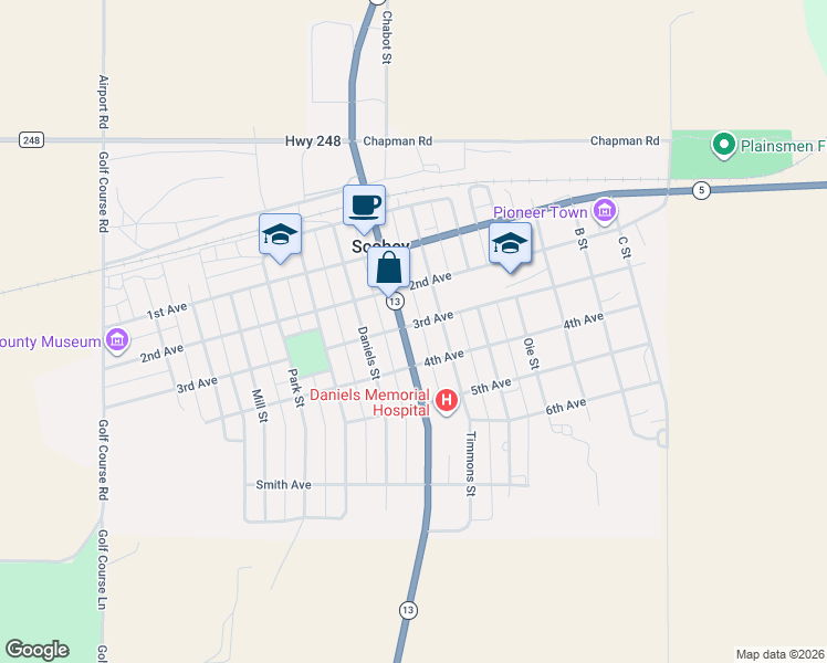 map of restaurants, bars, coffee shops, grocery stores, and more near 290 Main Street in Scobey
