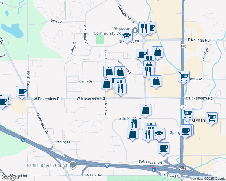 map of restaurants, bars, coffee shops, grocery stores, and more near 428 West Bakerview Road in Bellingham
