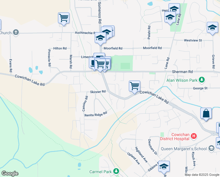 map of restaurants, bars, coffee shops, grocery stores, and more near 3271 Cowichan Lake Road in Duncan