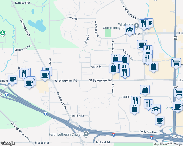 map of restaurants, bars, coffee shops, grocery stores, and more near 605 Sunflower Lane in Bellingham