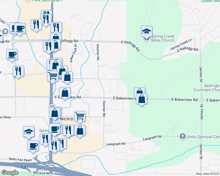 map of restaurants, bars, coffee shops, grocery stores, and more near 4114 Deemer Road in Bellingham