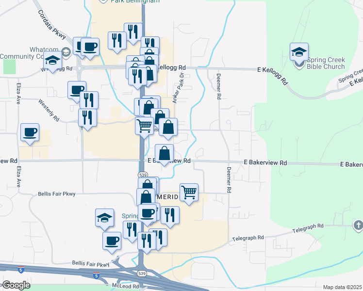 map of restaurants, bars, coffee shops, grocery stores, and more near 228 East Bakerview Road in Bellingham