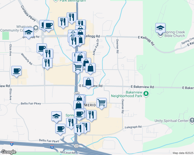 map of restaurants, bars, coffee shops, grocery stores, and more near 228 East Bakerview Road in Bellingham