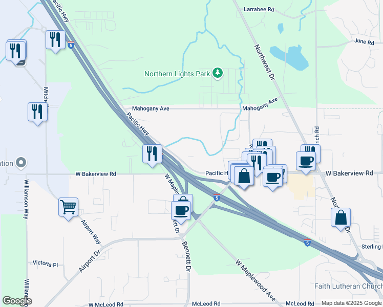 map of restaurants, bars, coffee shops, grocery stores, and more near 4084 Pacific Highway in Bellingham