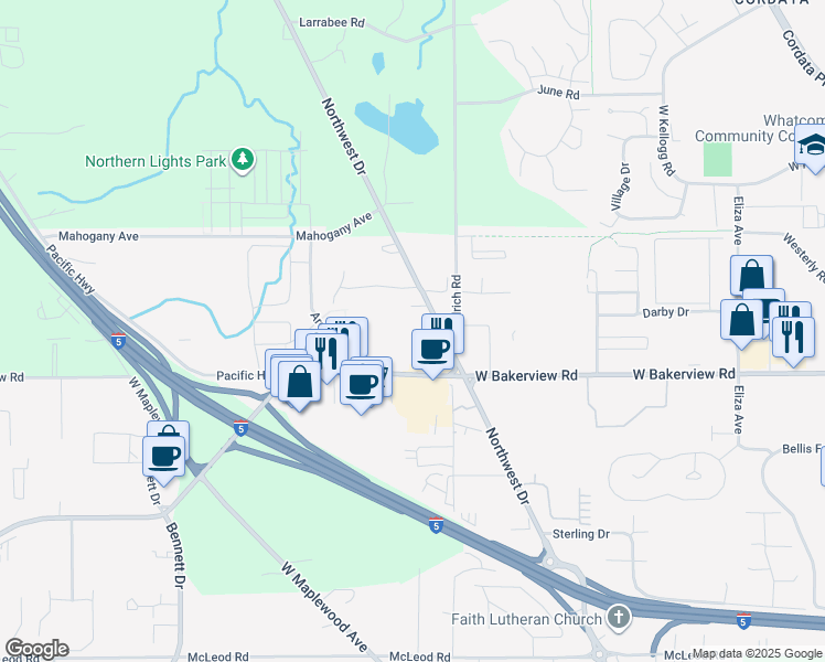 map of restaurants, bars, coffee shops, grocery stores, and more near 4145 Northwest Drive in Bellingham