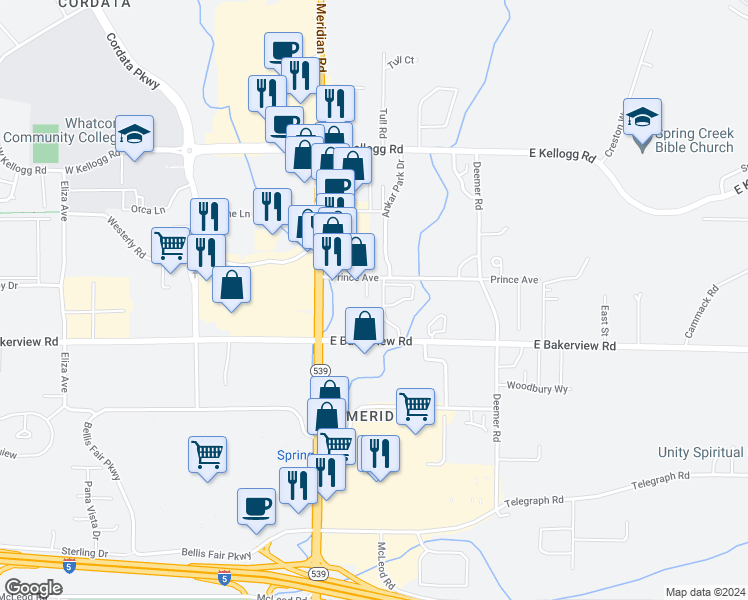 map of restaurants, bars, coffee shops, grocery stores, and more near 192 East Bakerview Road in Bellingham