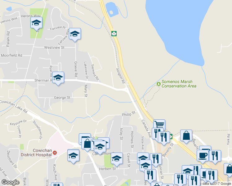 map of restaurants, bars, coffee shops, grocery stores, and more near 2882 Sherman Road in Duncan