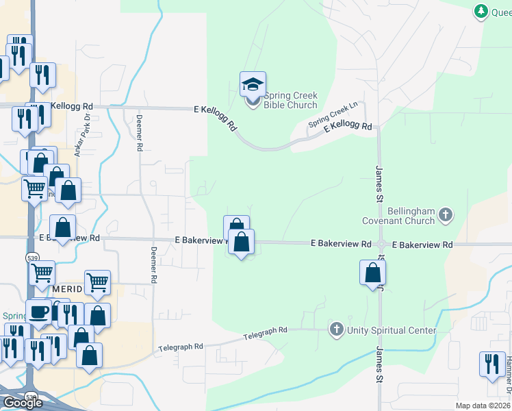 map of restaurants, bars, coffee shops, grocery stores, and more near 990 East Bakerview Road in Bellingham