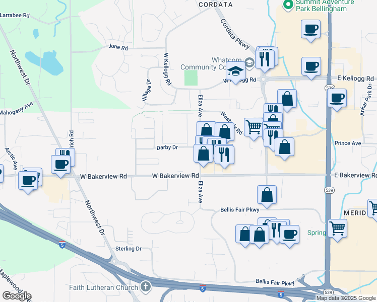 map of restaurants, bars, coffee shops, grocery stores, and more near 522 West Bakerview Road in Bellingham