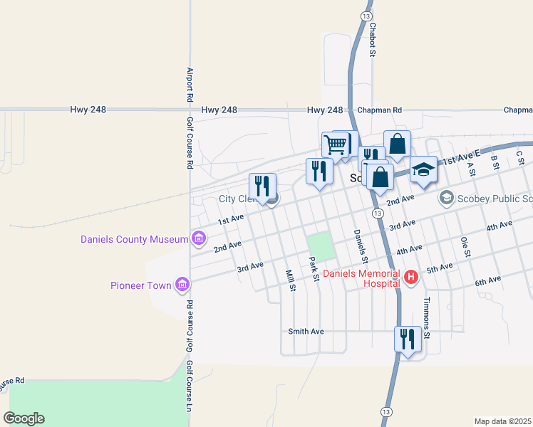 map of restaurants, bars, coffee shops, grocery stores, and more near 502 2nd Avenue West in Scobey