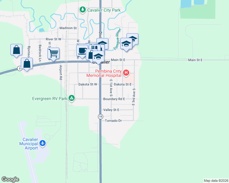 map of restaurants, bars, coffee shops, grocery stores, and more near 205 Boundary Road East in Cavalier