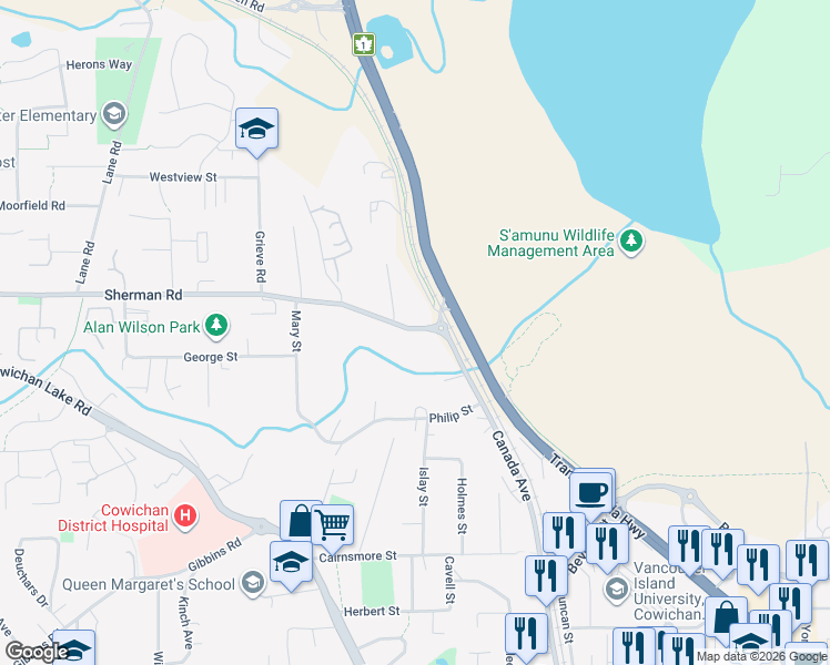 map of restaurants, bars, coffee shops, grocery stores, and more near 2882 Sherman Road in Duncan
