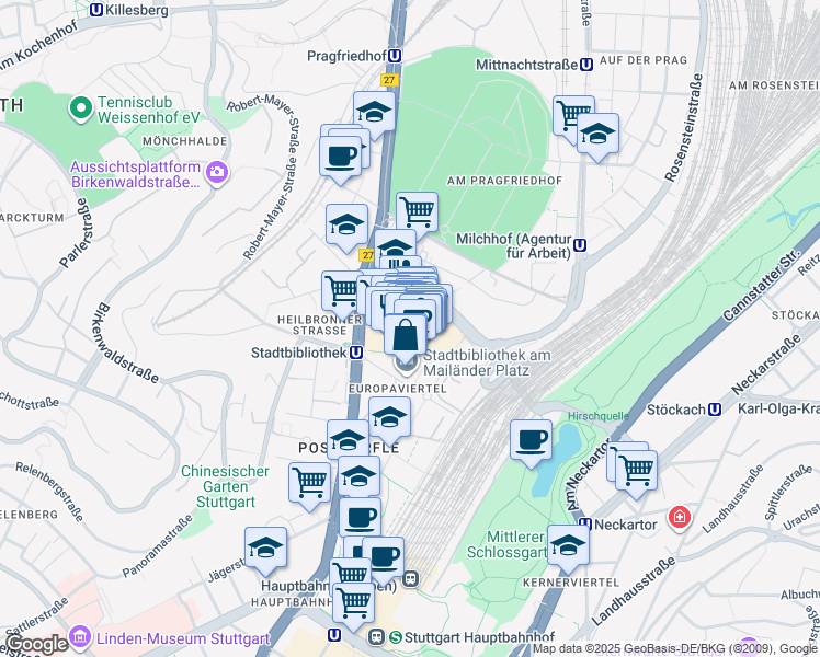 map of restaurants, bars, coffee shops, grocery stores, and more near 7 Mailänder Platz in Stuttgart