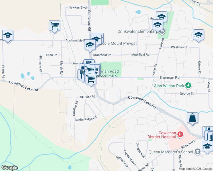 map of restaurants, bars, coffee shops, grocery stores, and more near 3238 Sherman Road in Duncan