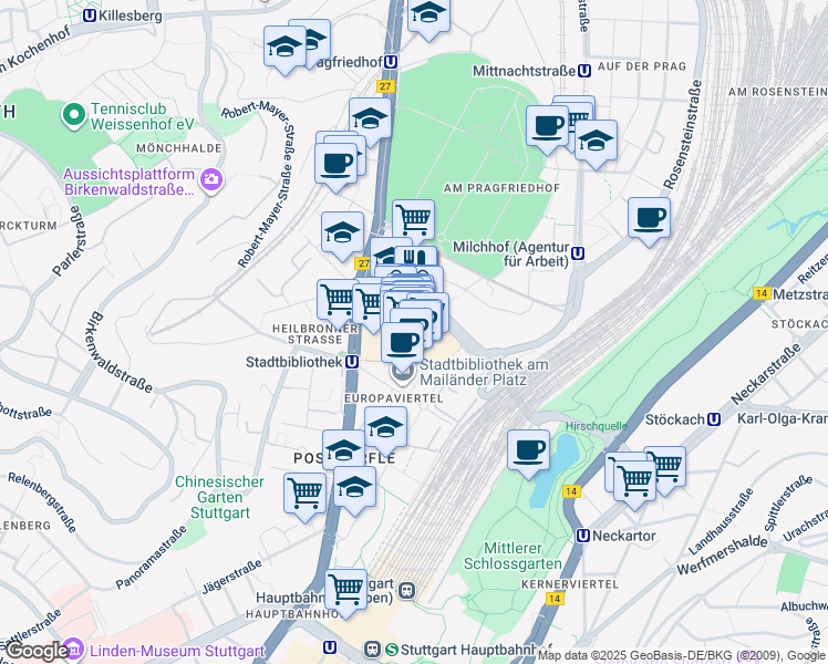 map of restaurants, bars, coffee shops, grocery stores, and more near 7 Mailänder Platz in Stuttgart