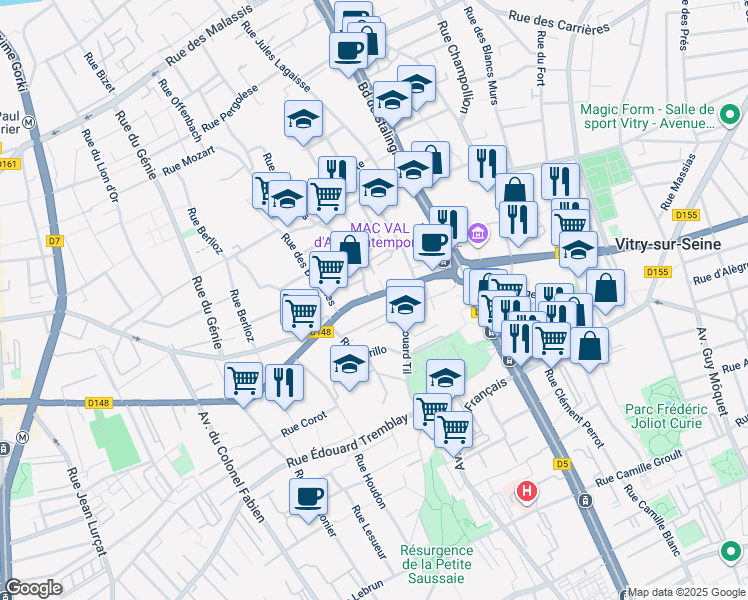 map of restaurants, bars, coffee shops, grocery stores, and more near 35 Avenue du Moulin de Saquet in Vitry-sur-Seine
