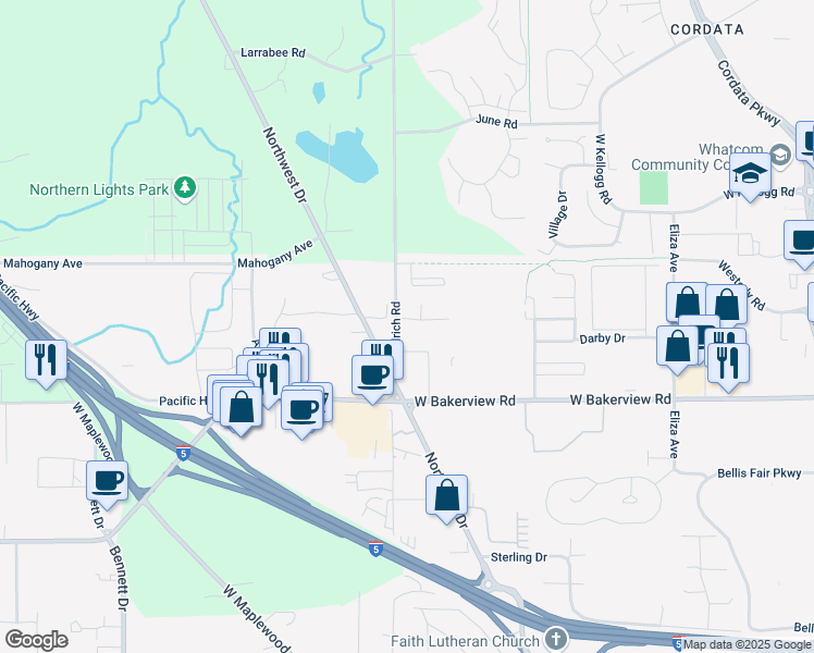 map of restaurants, bars, coffee shops, grocery stores, and more near 4160 Northwest Avenue in Bellingham