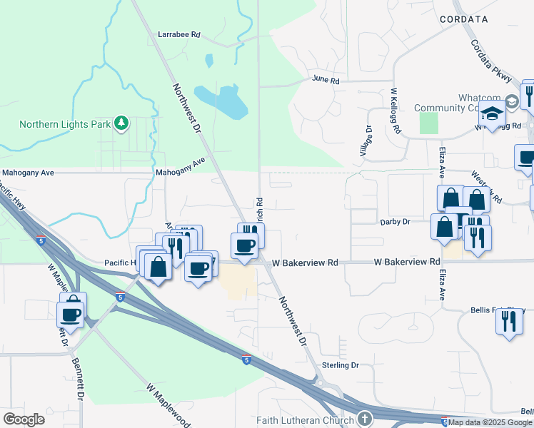 map of restaurants, bars, coffee shops, grocery stores, and more near 4160 Northwest Avenue in Bellingham