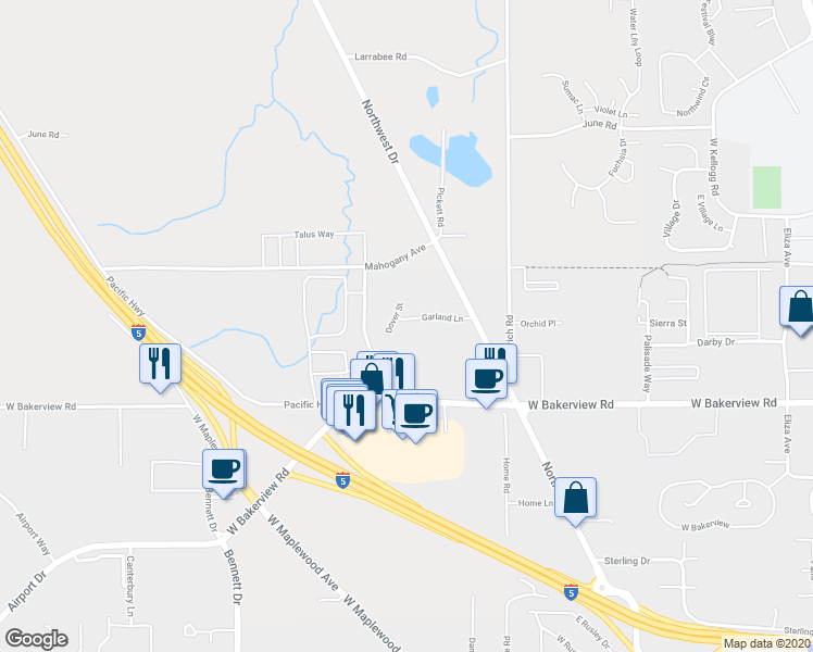 map of restaurants, bars, coffee shops, grocery stores, and more near 1249 Garland Lane in Bellingham