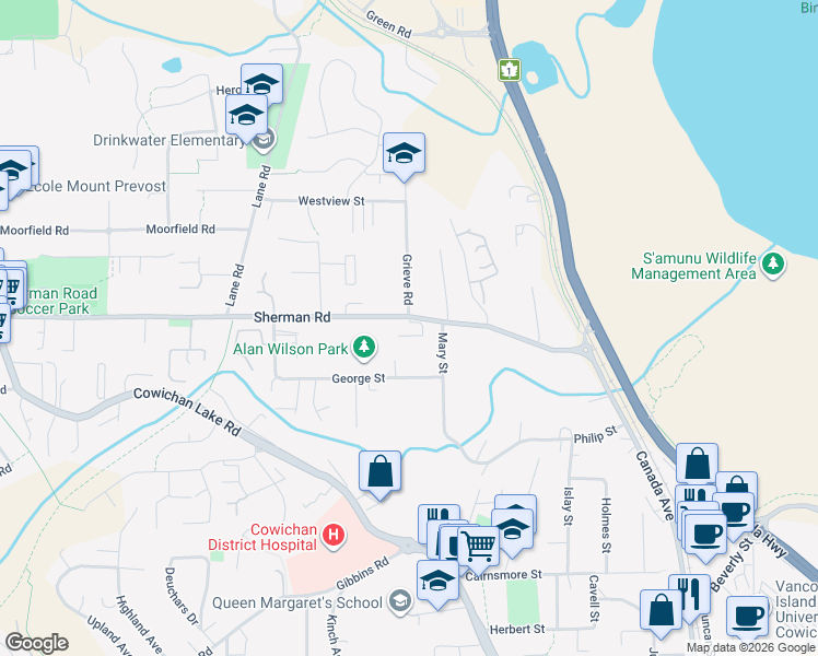 map of restaurants, bars, coffee shops, grocery stores, and more near 2974 Sherman Road in Duncan