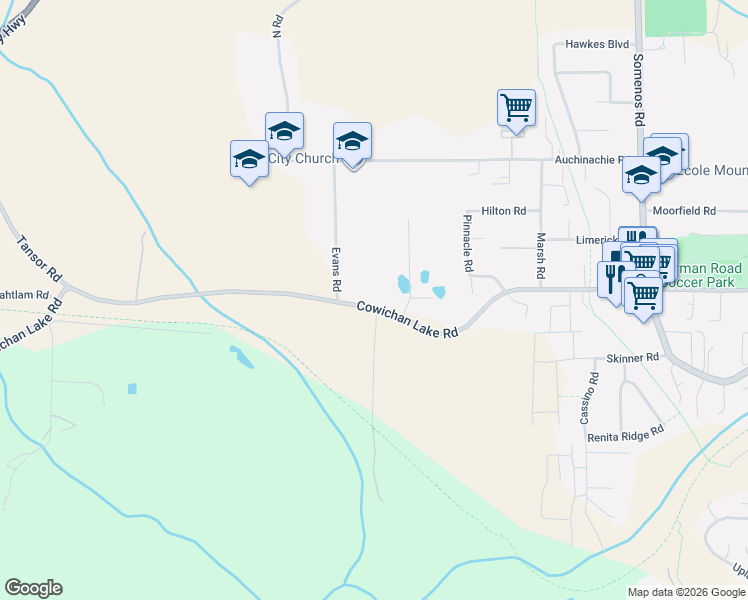 map of restaurants, bars, coffee shops, grocery stores, and more near 3517 Cowichan Lake Road in Duncan