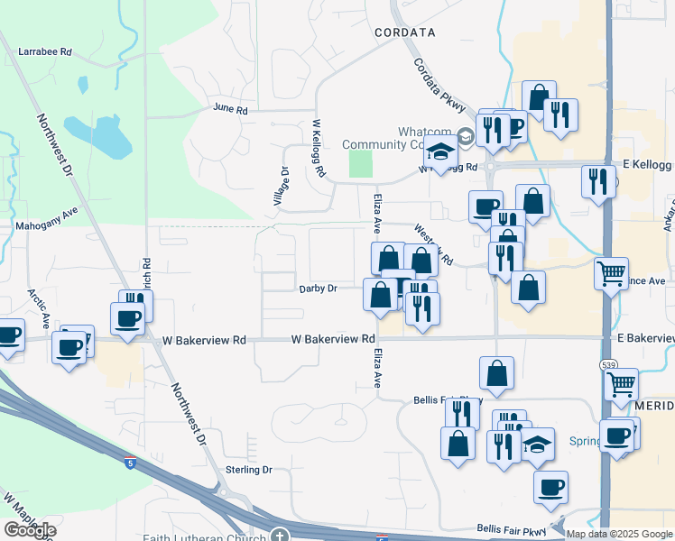 map of restaurants, bars, coffee shops, grocery stores, and more near 512 Darby Drive in Bellingham