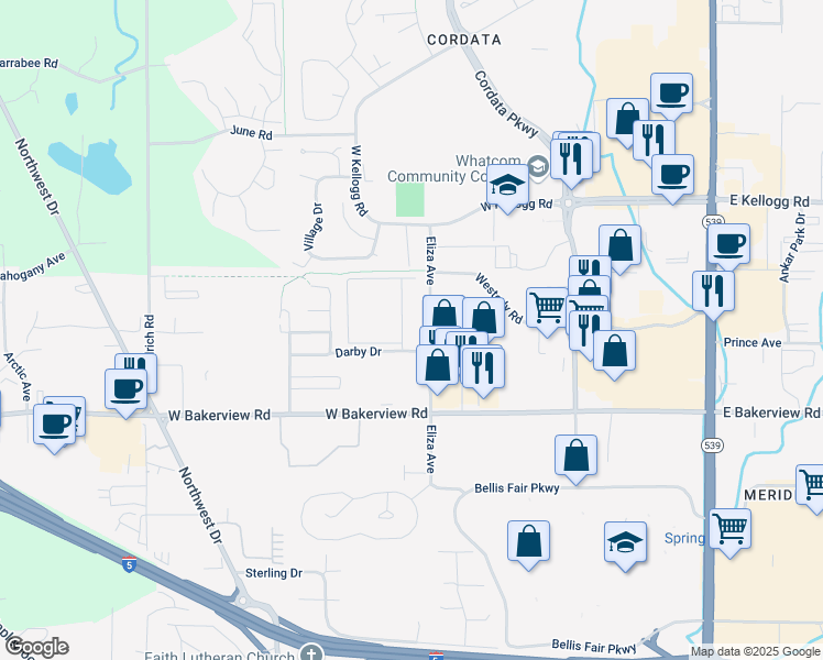 map of restaurants, bars, coffee shops, grocery stores, and more near 500 Darby Drive in Bellingham