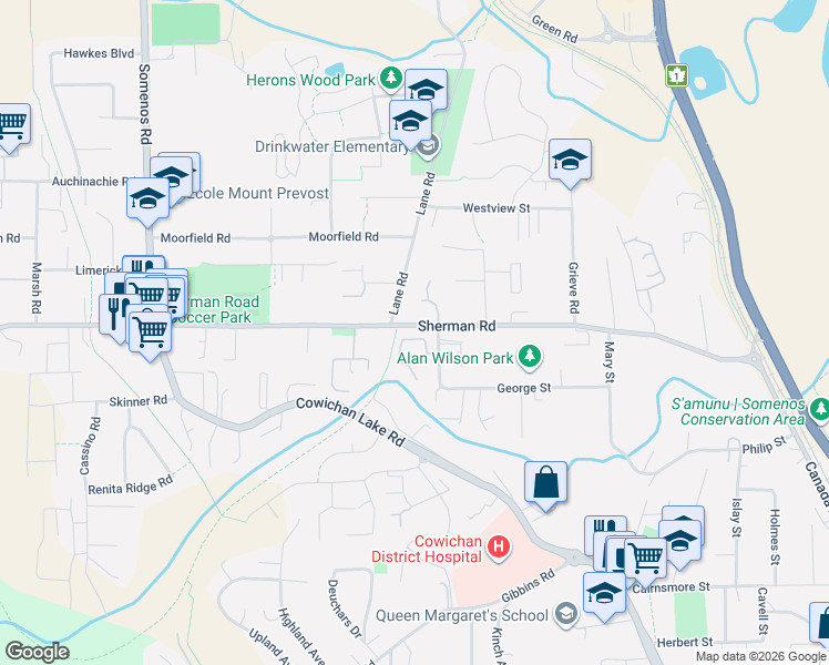 map of restaurants, bars, coffee shops, grocery stores, and more near 6078 Truesdale Street in Duncan