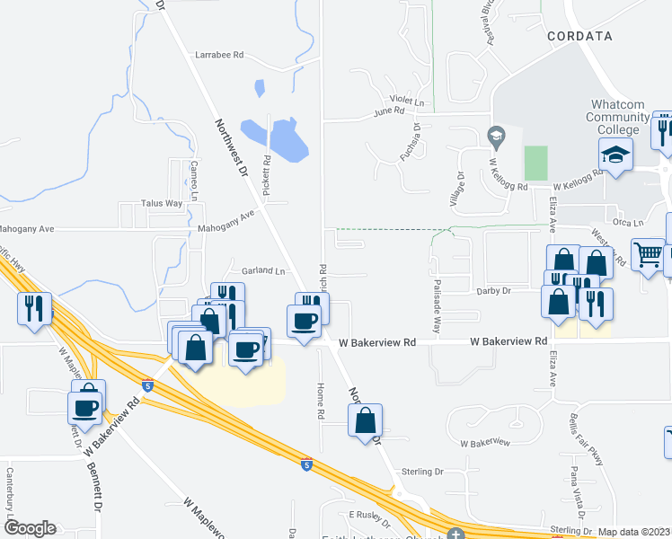 map of restaurants, bars, coffee shops, grocery stores, and more near 921 Orchid Place in Bellingham
