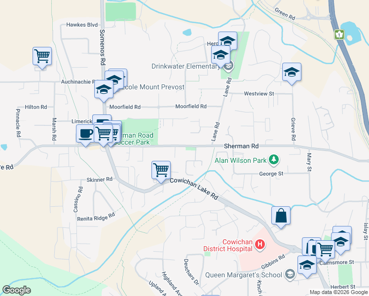 map of restaurants, bars, coffee shops, grocery stores, and more near in Duncan