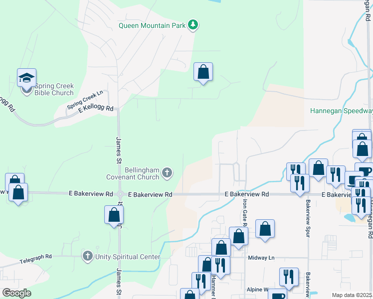 map of restaurants, bars, coffee shops, grocery stores, and more near 4170 Cougar Road in Bellingham