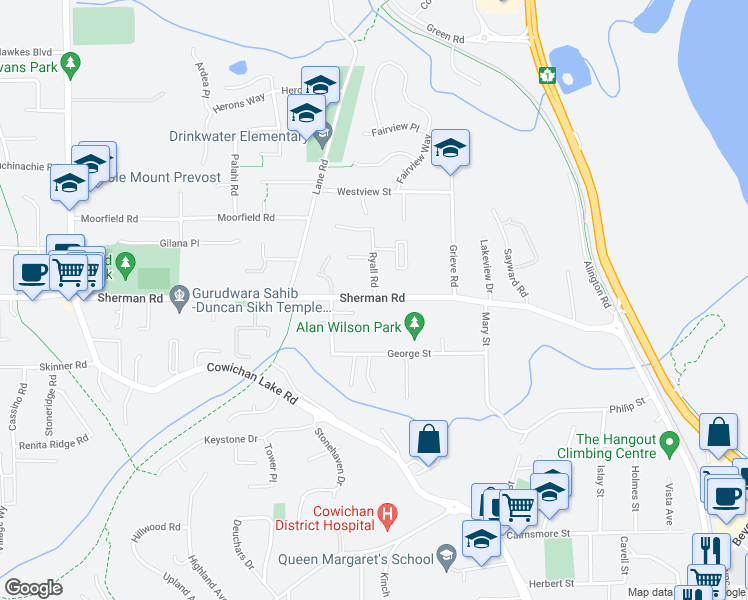 map of restaurants, bars, coffee shops, grocery stores, and more near 3050 Sherman Road in Duncan