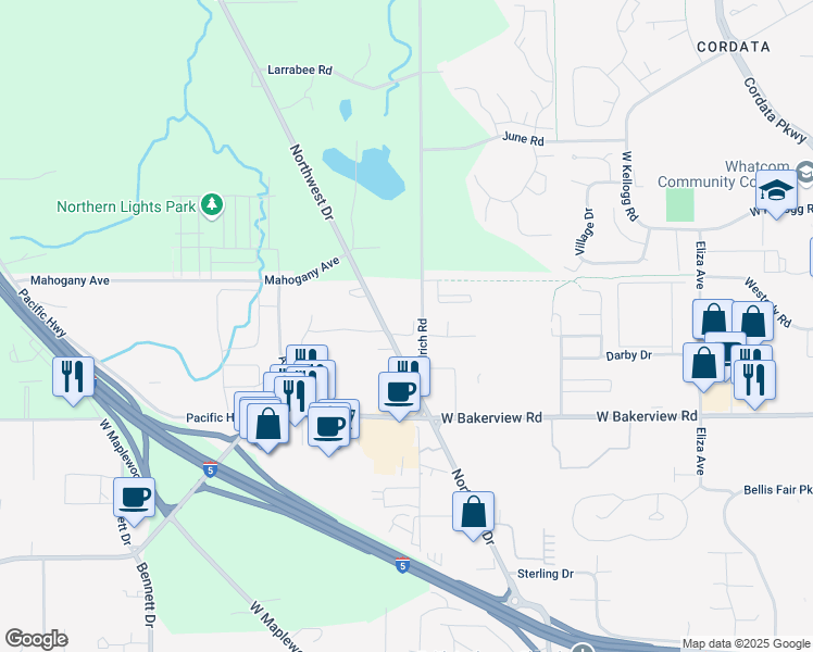 map of restaurants, bars, coffee shops, grocery stores, and more near 4160 Northwest Avenue in Bellingham