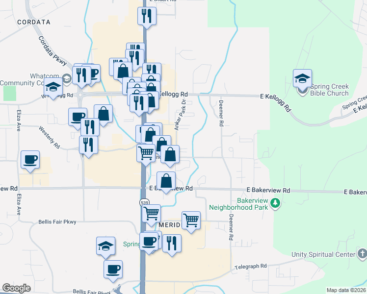 map of restaurants, bars, coffee shops, grocery stores, and more near 4164 Ankar Park Drive in Bellingham