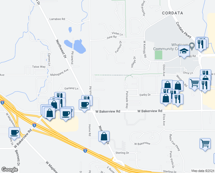 map of restaurants, bars, coffee shops, grocery stores, and more near 905 Orchid Place in Bellingham