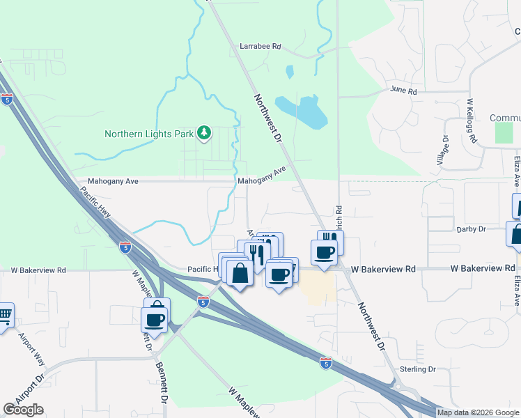 map of restaurants, bars, coffee shops, grocery stores, and more near 4173 Dover Street in Bellingham