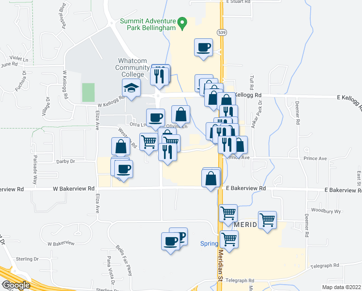 map of restaurants, bars, coffee shops, grocery stores, and more near 200 Westerly Rd in Bellingham