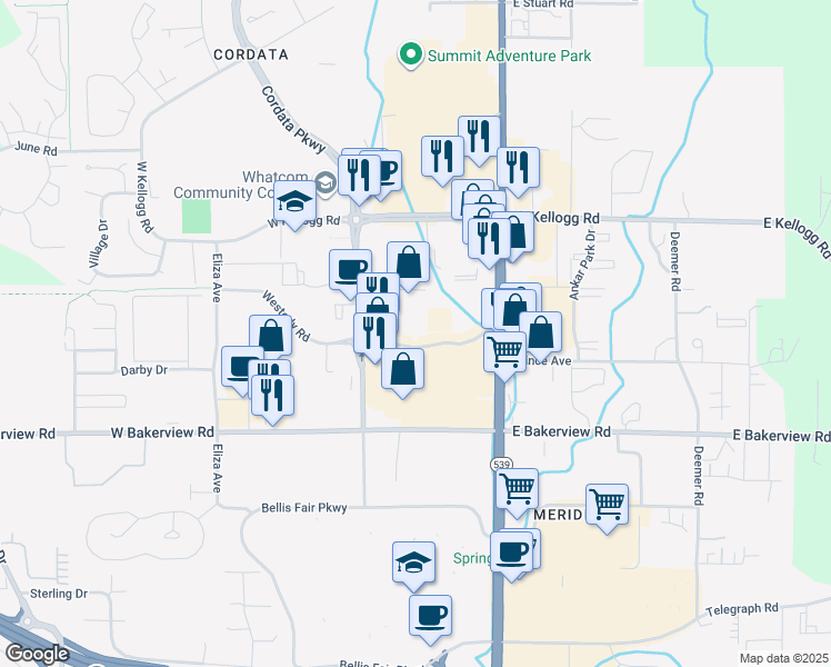 map of restaurants, bars, coffee shops, grocery stores, and more near 200 Westerly Road in Bellingham