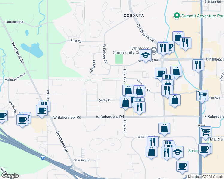 map of restaurants, bars, coffee shops, grocery stores, and more near 512 Darby Drive in Bellingham