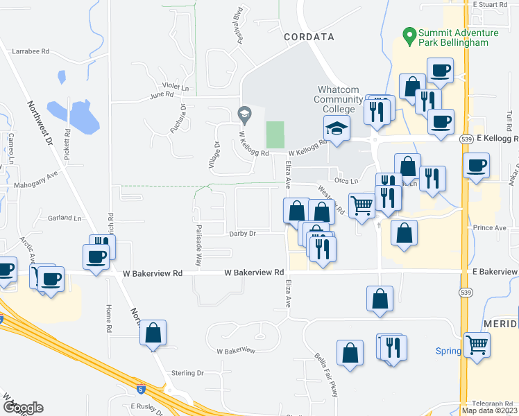 map of restaurants, bars, coffee shops, grocery stores, and more near 512 Darby Drive in Bellingham