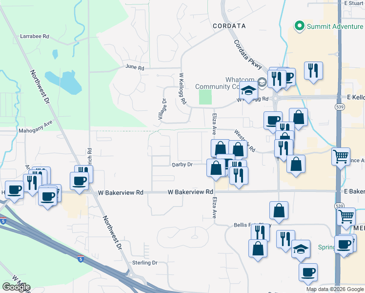 map of restaurants, bars, coffee shops, grocery stores, and more near 4122 Silverbell Way in Bellingham