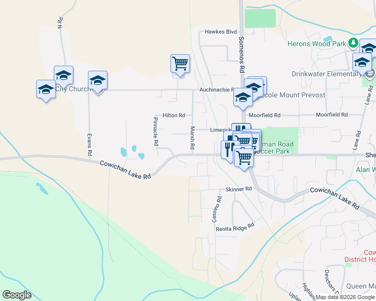 map of restaurants, bars, coffee shops, grocery stores, and more near 3381 Cowichan Lake Road in Duncan