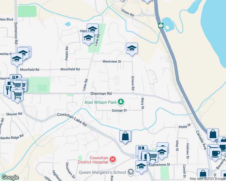 map of restaurants, bars, coffee shops, grocery stores, and more near 3037 Sherman Road in Duncan