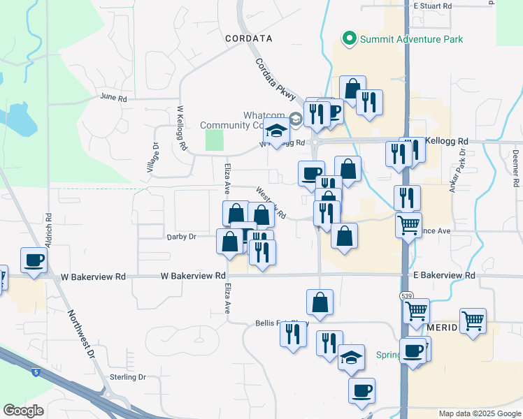 map of restaurants, bars, coffee shops, grocery stores, and more near 455 Westerly Road in Bellingham