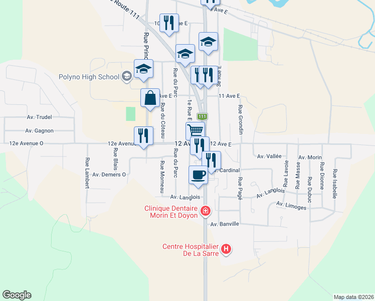 map of restaurants, bars, coffee shops, grocery stores, and more near 608 1e Rue Est in La Sarre