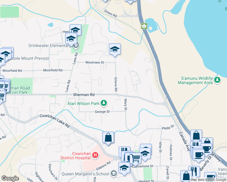 map of restaurants, bars, coffee shops, grocery stores, and more near 2974 Sherman Road in Duncan
